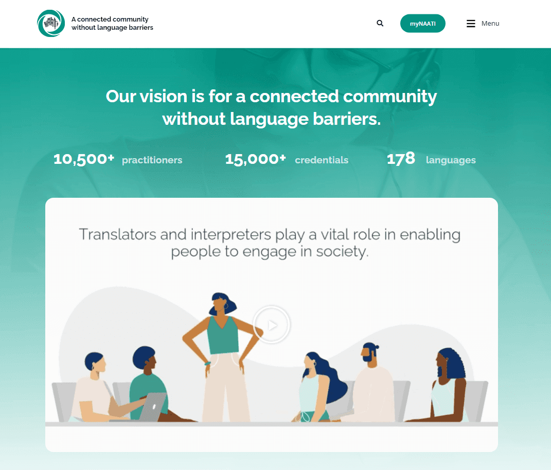 Website homepage promoting a community without language barriers with translators and interpreters.