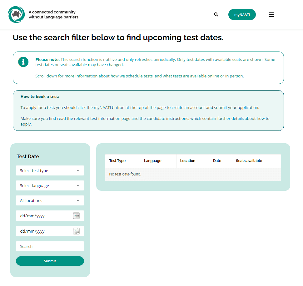 Search filter page for finding upcoming test dates with options for test type, language, location, and date.