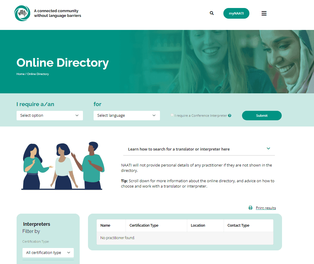 Online Directory webpage for finding interpreters and translators with filter options and no results found.