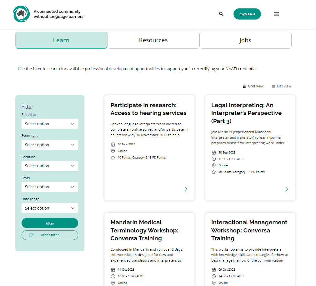 Website page showing professional development opportunities for NAATI credential holders with filters and event cards.