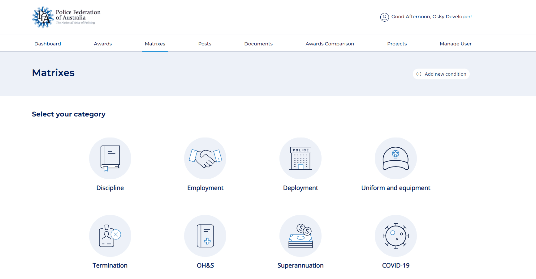 Dashboard screen of Police Federation of Australia showing matrix categories like Discipline, Employment, Deployment, Uniform.