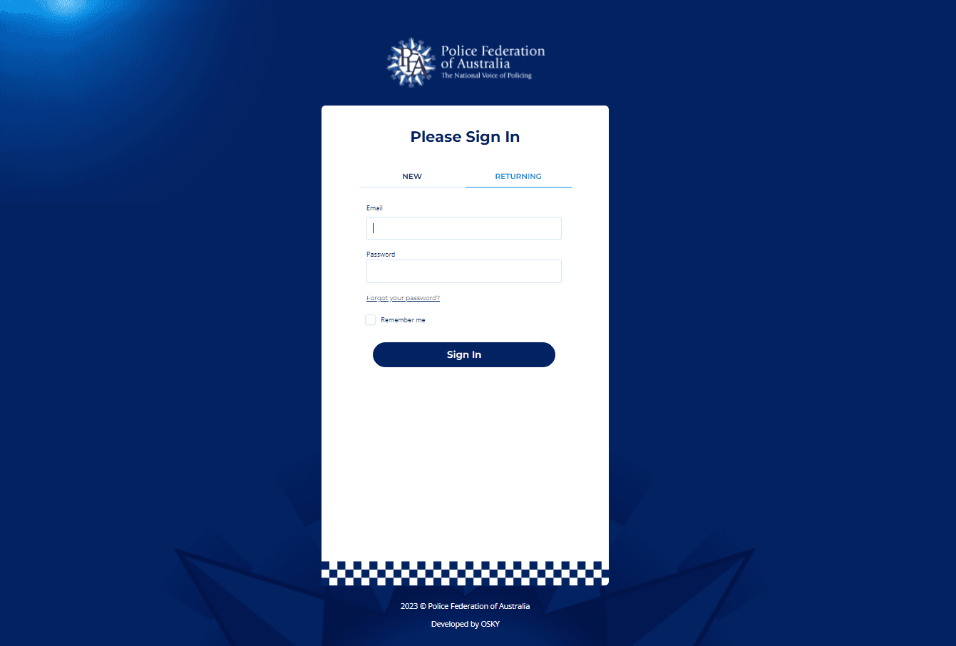 Sign in page for the Police Federation of Australia with email, password fields, and a sign-in button.
