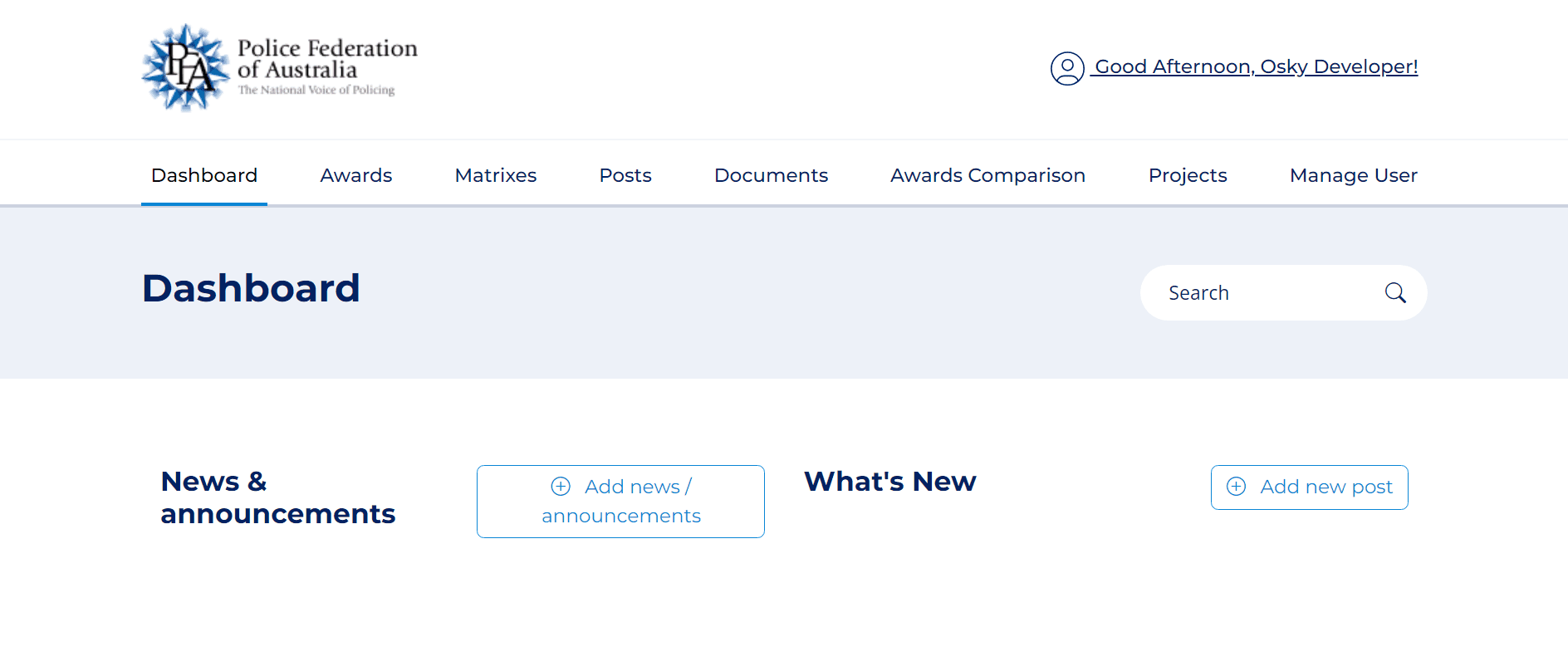 Dashboard page of Police Federation of Australia website with navigation menu and user greeting.