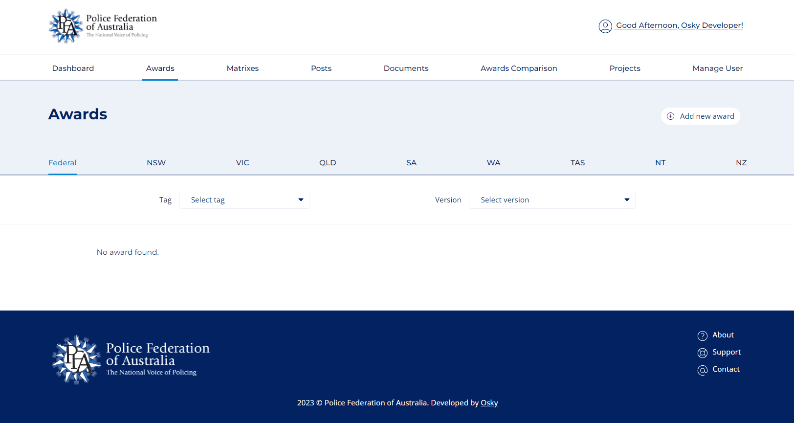 Screenshot of Police Federation of Australia Awards page showing no awards found and options to select tags and versions.