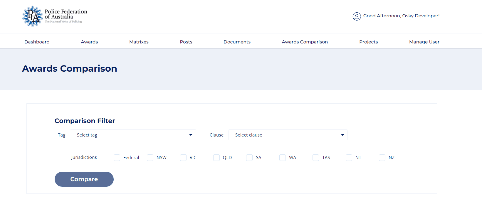 Awards Comparison page of Police Federation of Australia website with filter options for tag, clause, and jurisdictions.