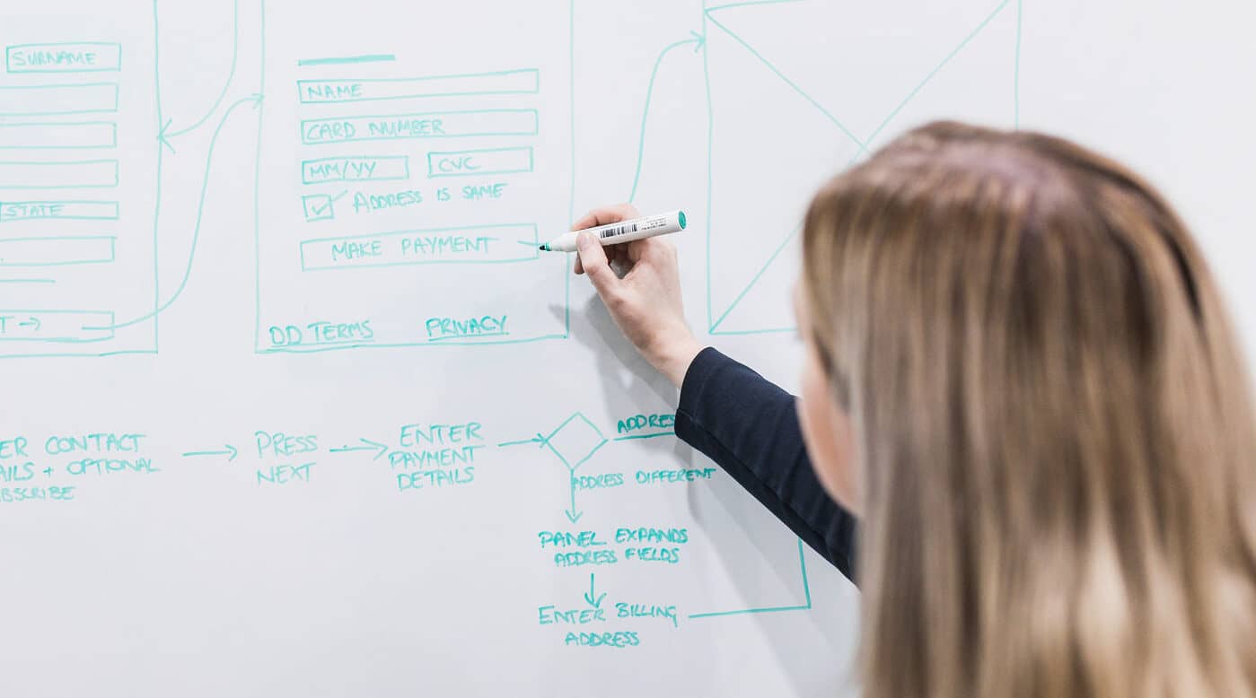 Person creating an information architecture flowchart for an online payment form with blue marker on whiteboard.