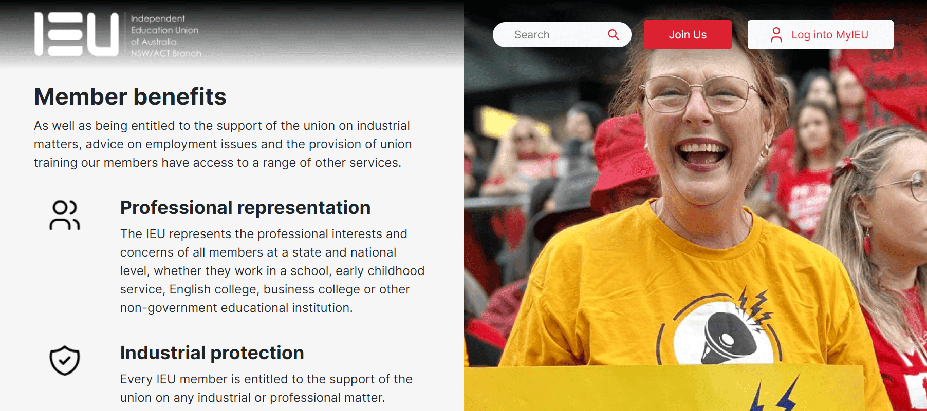 Smiling woman in a yellow shirt at a union event with IEU member benefits text.