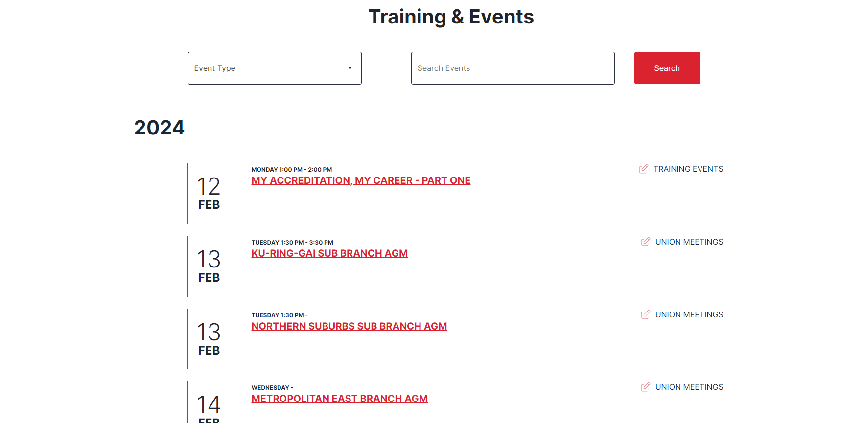 Upcoming training and union meetings listed with dates from February 12 to 14, 2024.