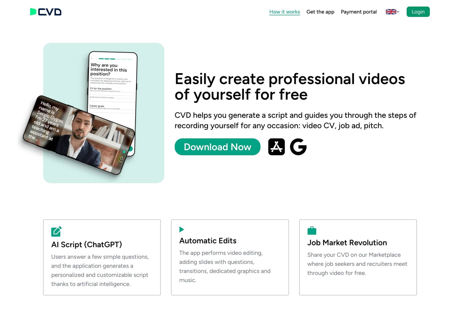 Screenshot of a website offering free AI-generated professional video creation for CVs and job applications.