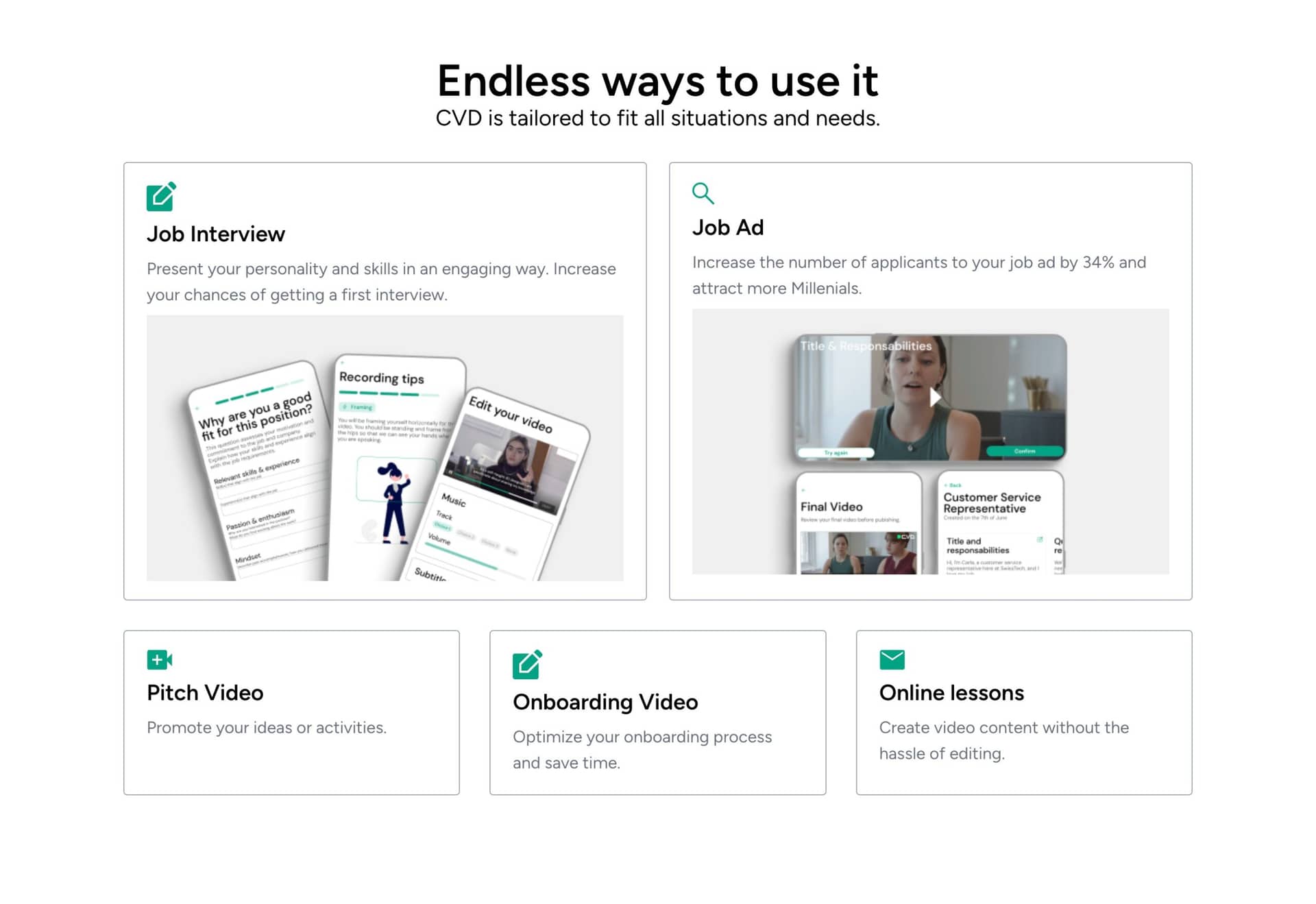 Options for using CVD include Job Interview, Job Ad, Pitch Video, Onboarding Video, and Online lessons.