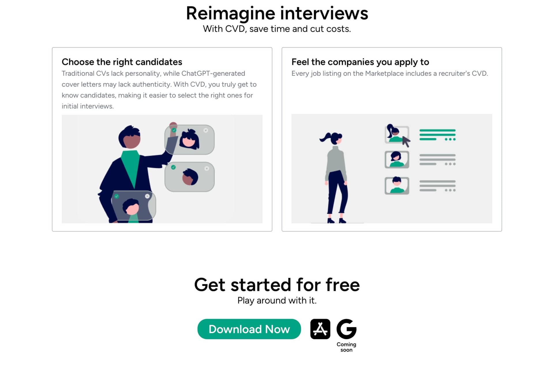 Illustrations showing candidate selection and company profiles for a job interview app, with download button.