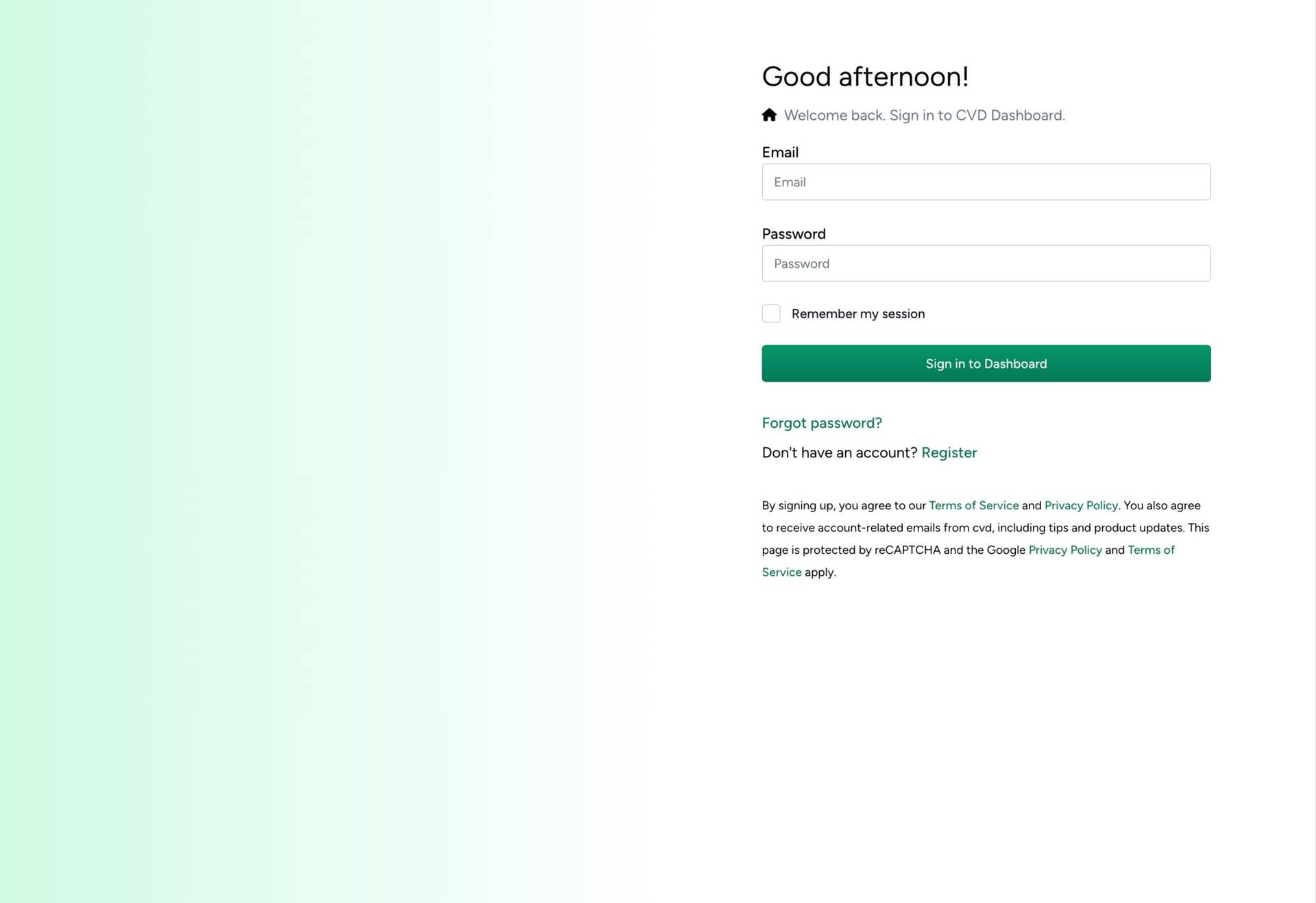 Login page for CVD Dashboard with fields for email and password and options to register or reset password.