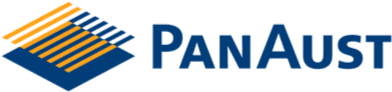 Logo of PanAust with blue and orange geometric design and company name in blue text.