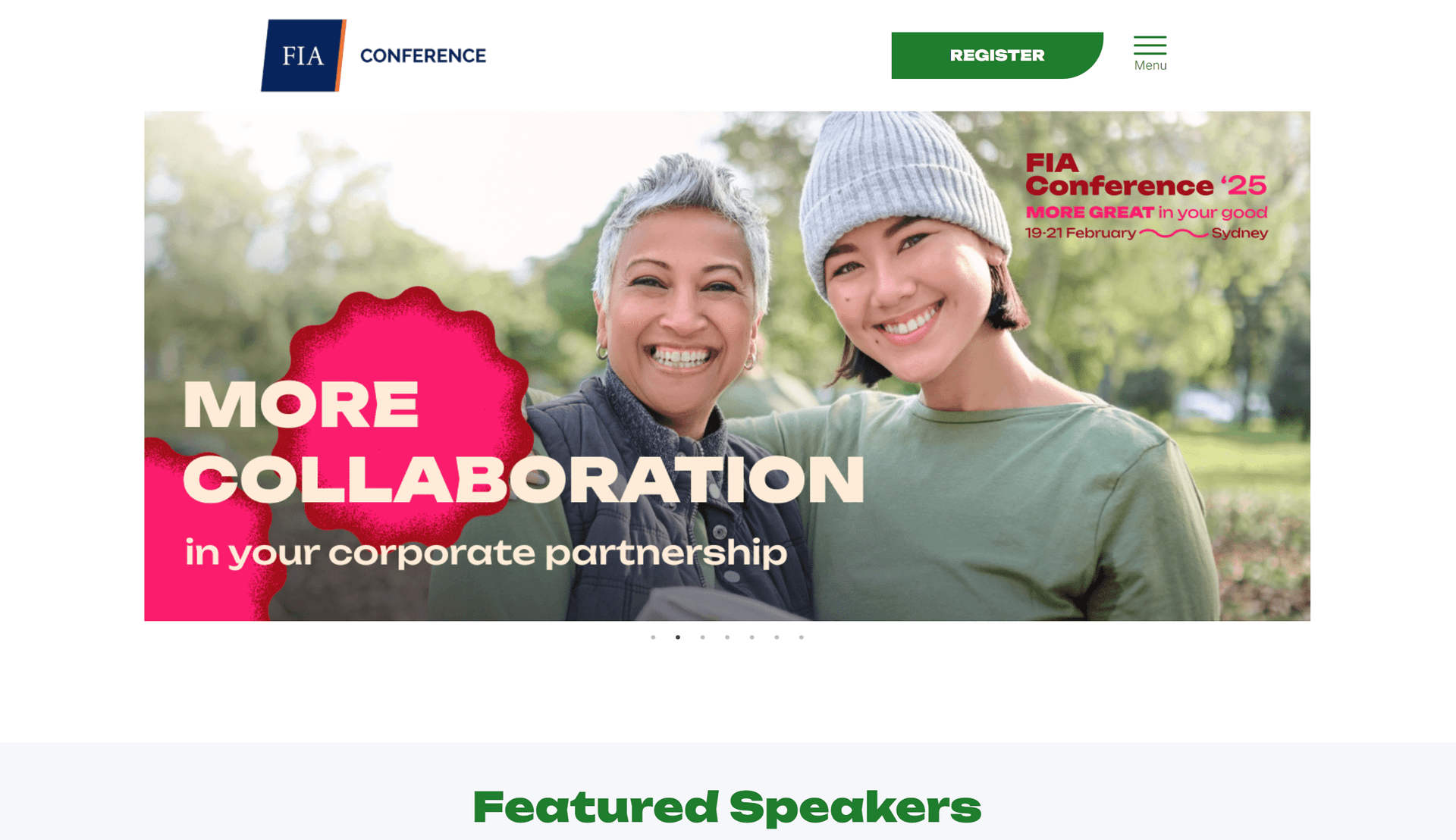 Two smiling people outdoors with text about FIA Conference '25 and collaboration in partnerships.