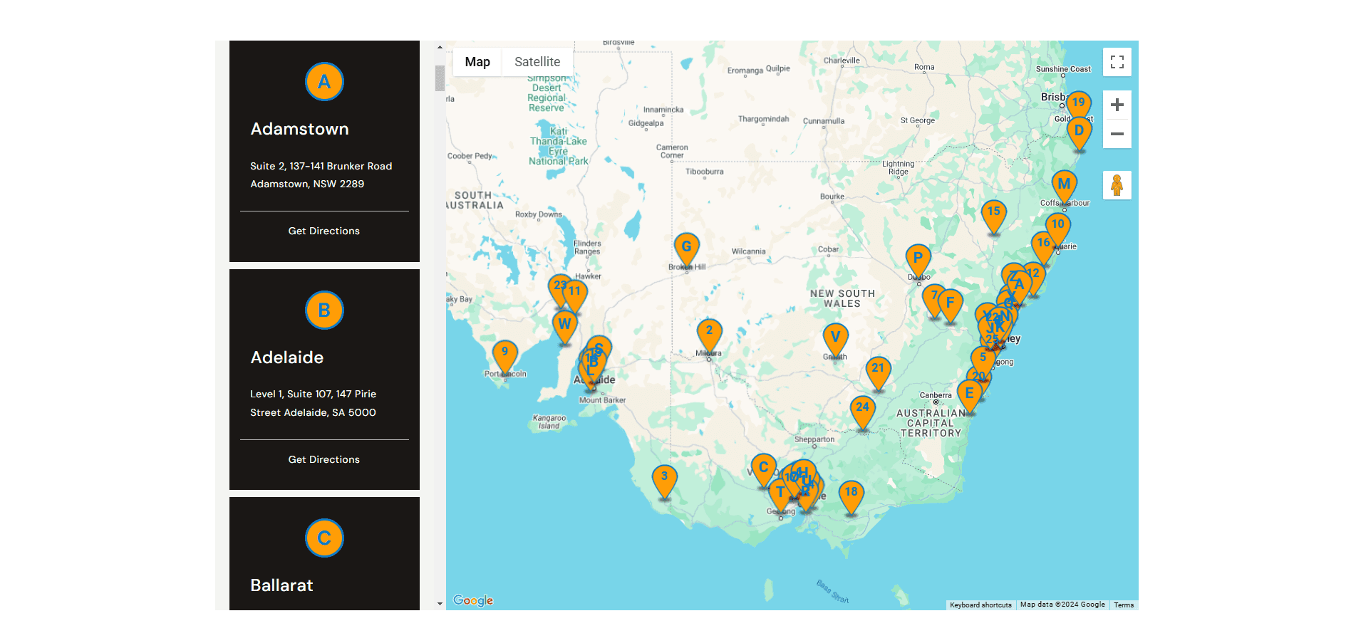 Map of southeastern Australia with multiple orange location markers and addresses for Adamstown, Adelaide, and Ballarat.