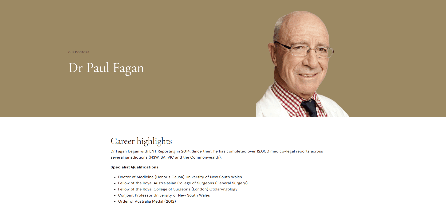 Portrait of Dr. Paul Fagan with career highlights and qualifications on a beige and white background.
