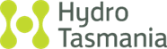 Hydro Tasmania logo with green abstract shapes and text on a white background.