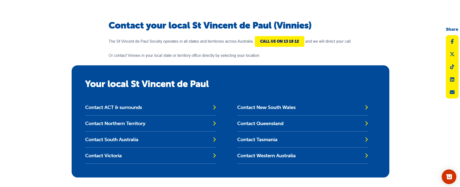 Contact information for St Vincent de Paul Society offices by Australian states and territories.