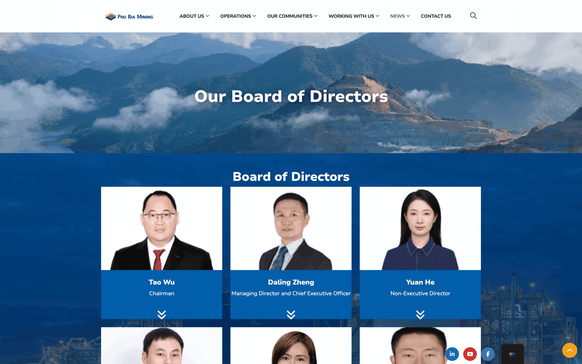 Board of Directors section on Phu Bia Mining website with portraits and titles of members.