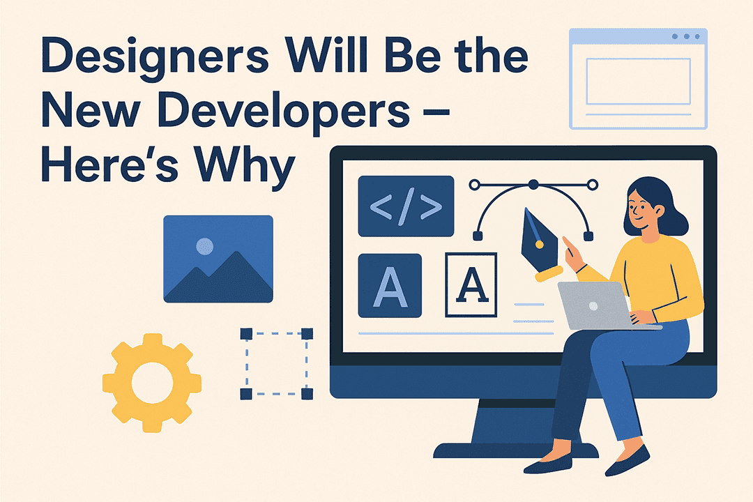 Woman using laptop with AI in web development icons on computer screen.