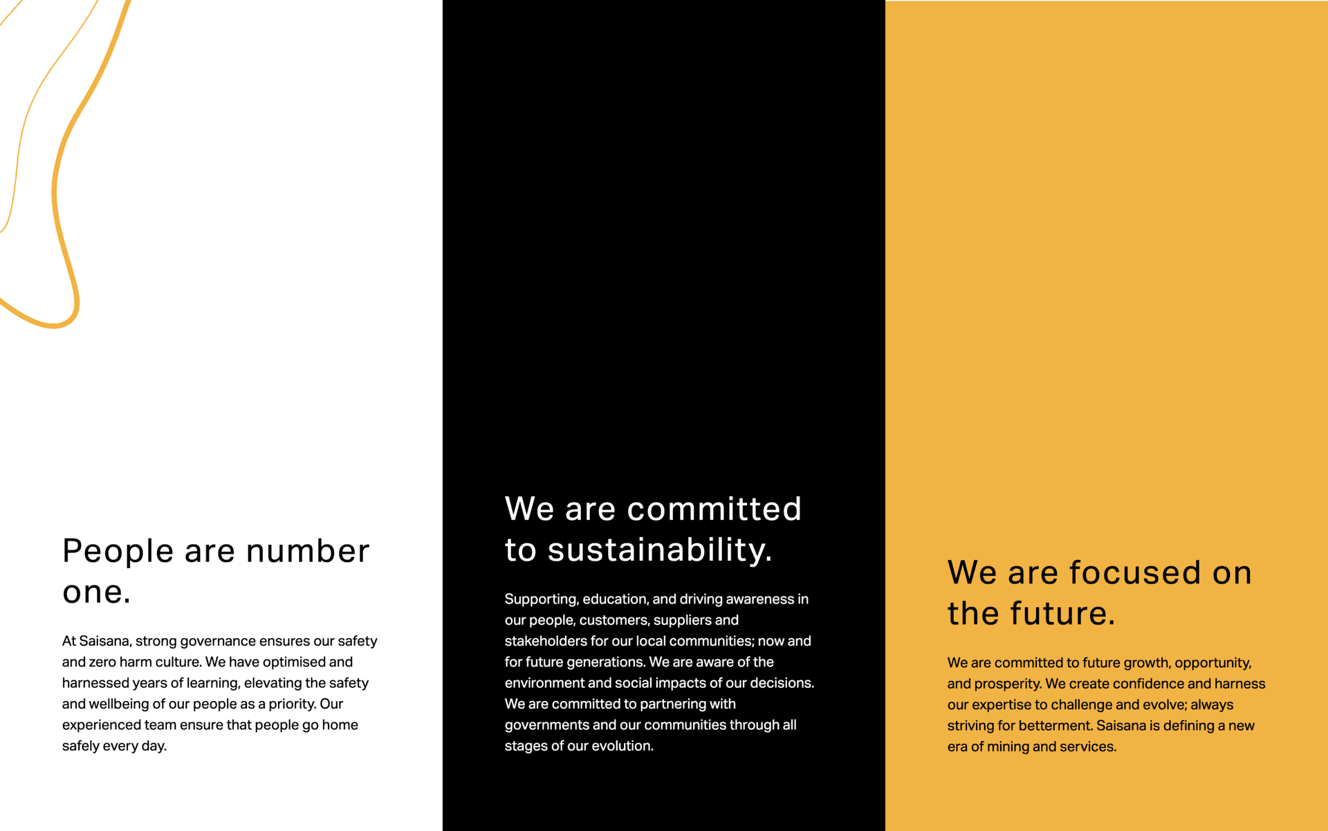 Three vertical panels with text on safety, sustainability, and future focus in black, white, and orange colors.