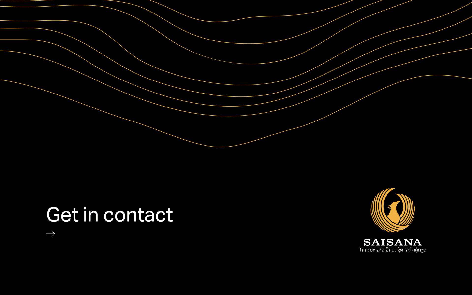 Black background with wavy orange lines, "Get in contact" text, and Saisana logo at bottom right.