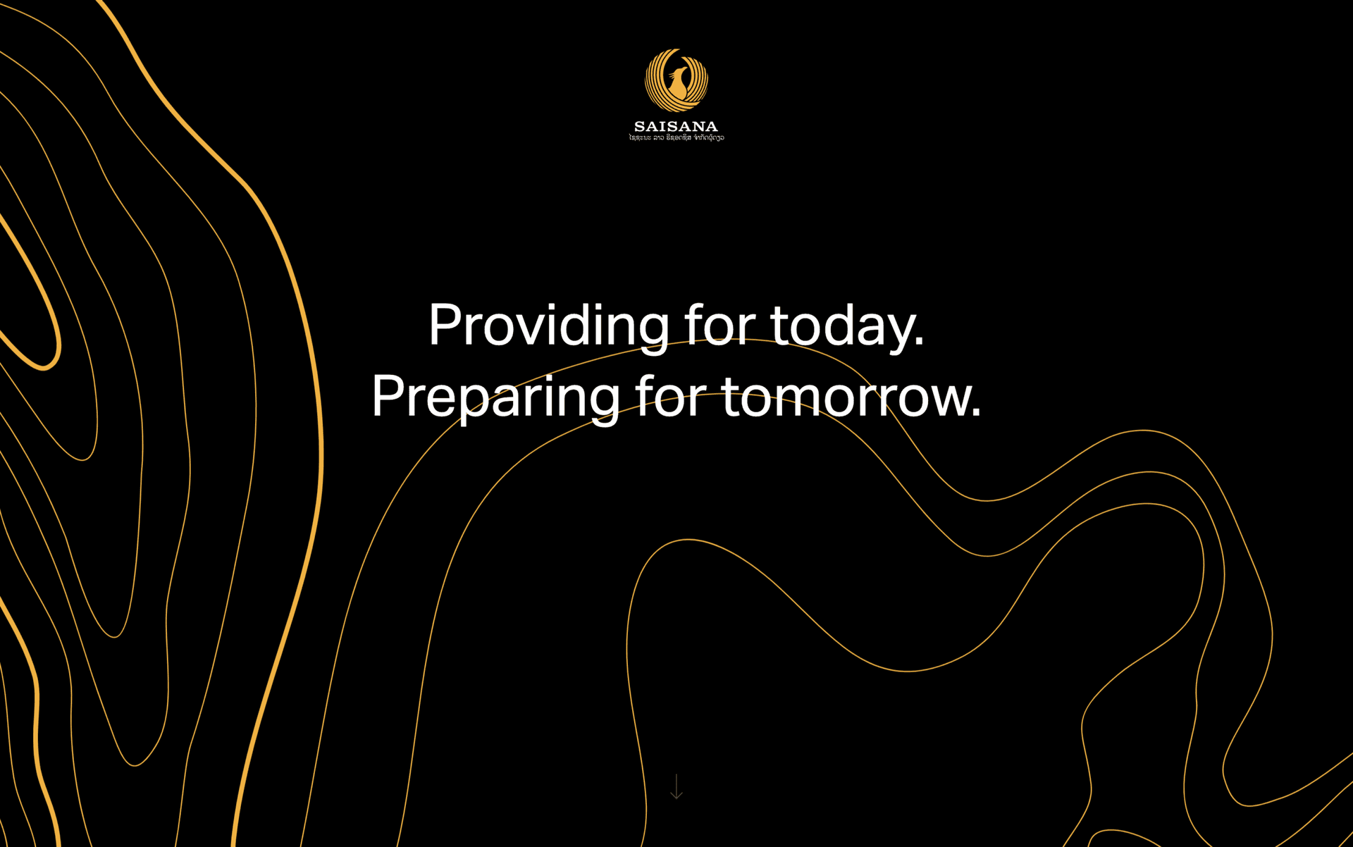 SAISANA logo with the slogan "Providing for today. Preparing for tomorrow" on a black background with orange contour lines.