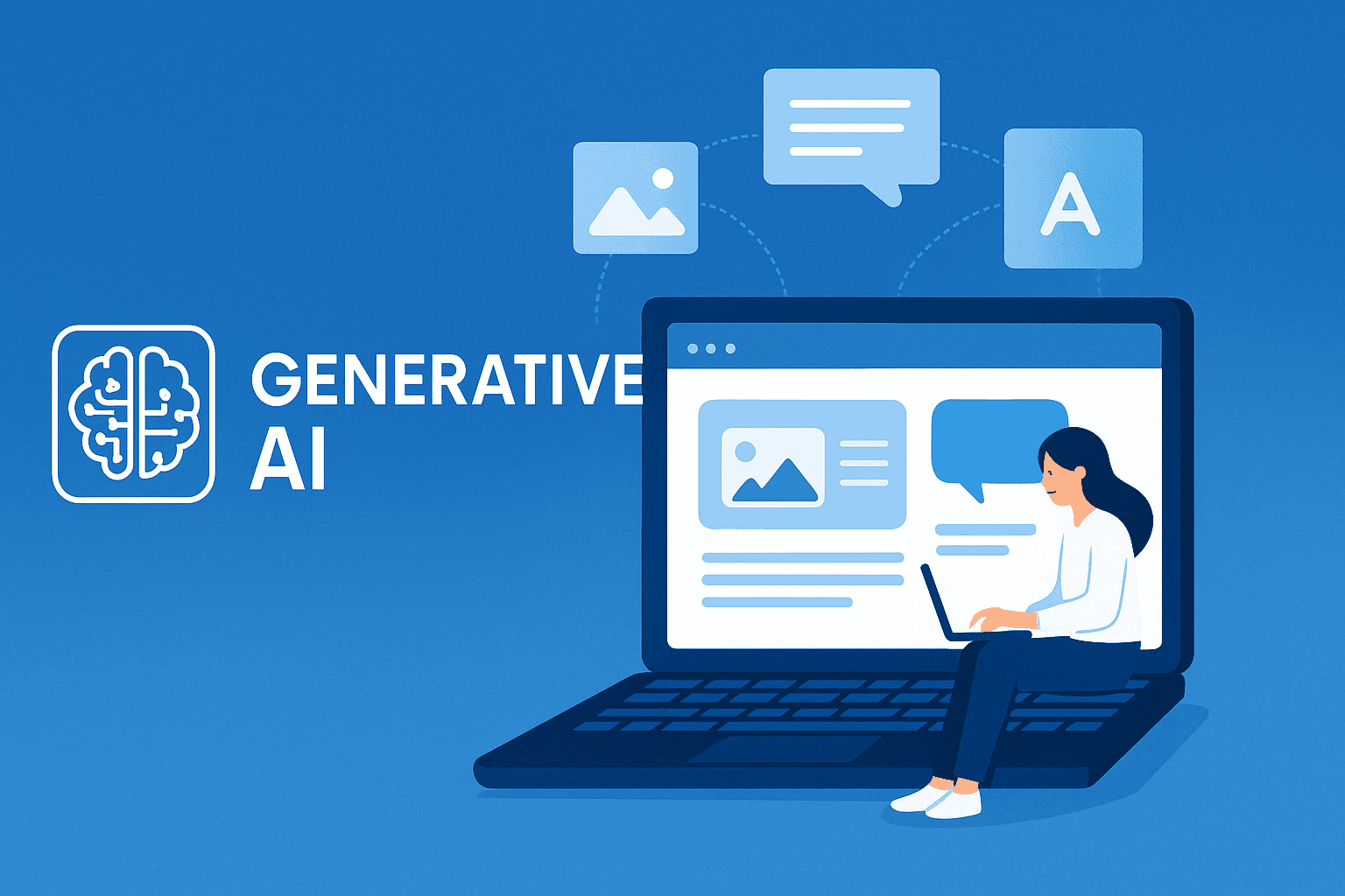 Person using laptop with generative AI icons for content creation, showcasing AI in web development.