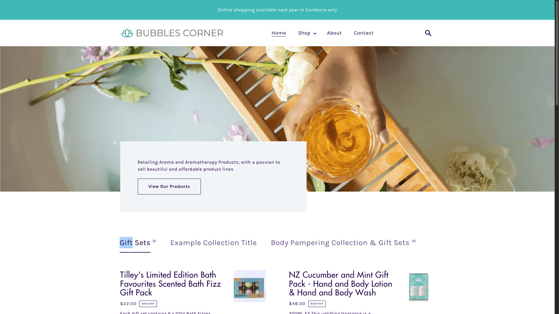 Screenshot of Bubbles Corner homepage with an arm holding a glass and flowers in a water bath.