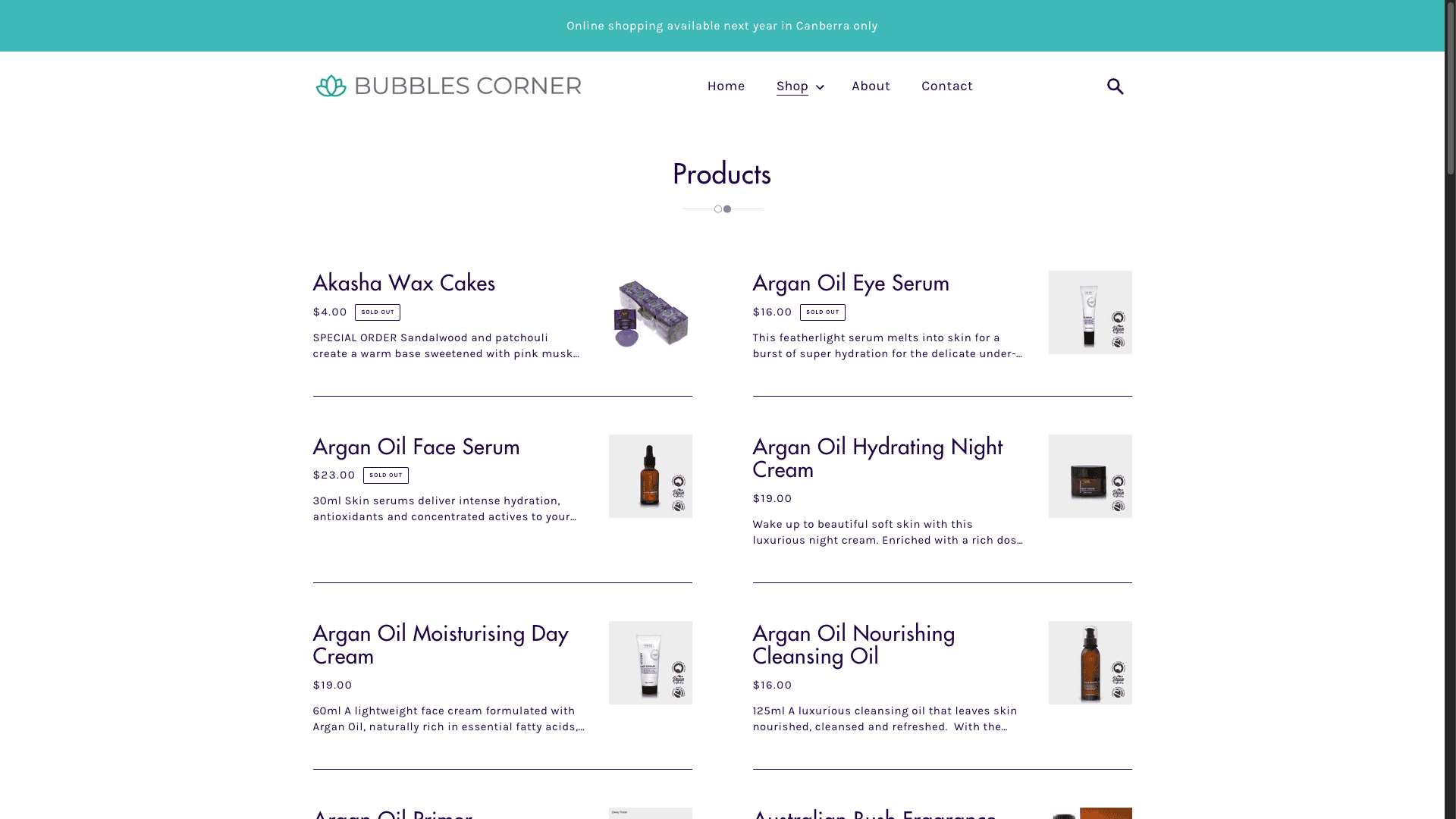 Alt text: Online shop page of Bubbles Corner showing skincare products with images and prices.