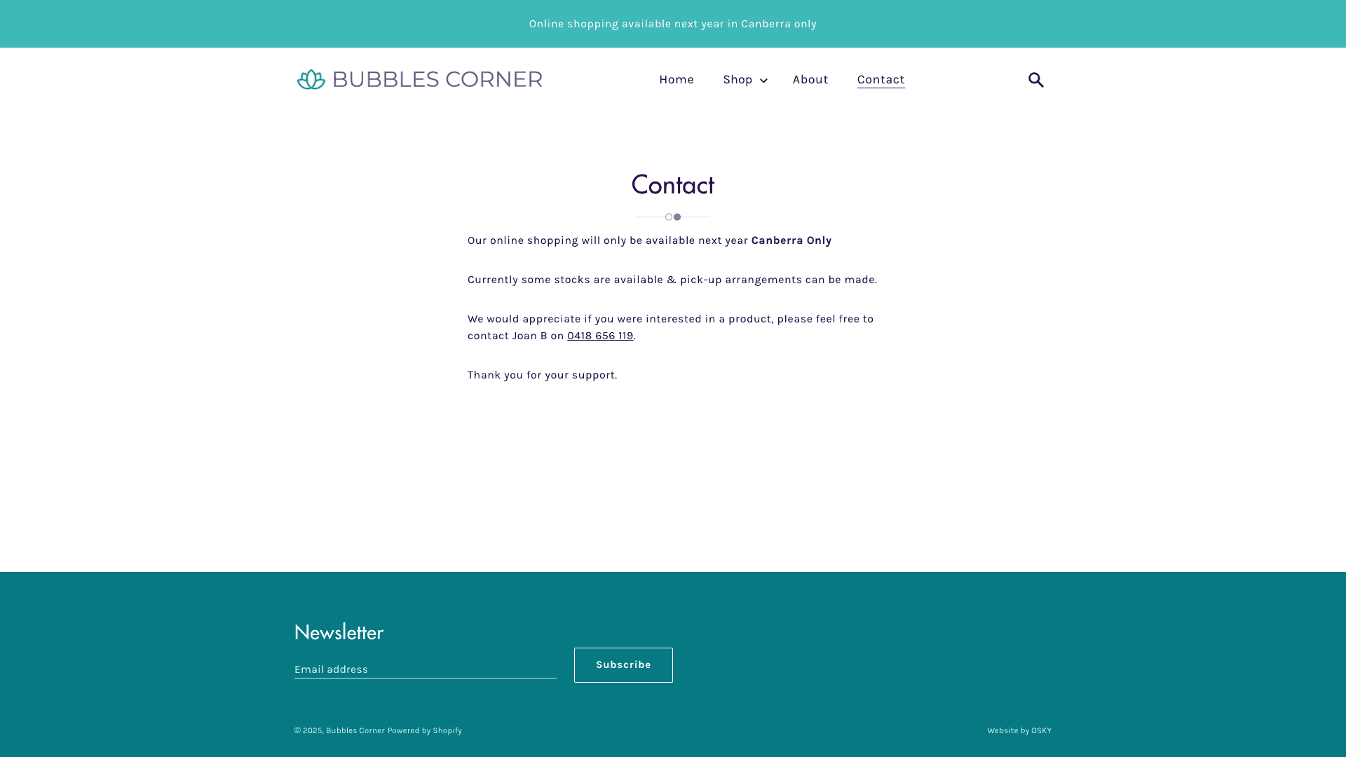Website contact page for Bubbles Corner with shopping limited to Canberra next year.