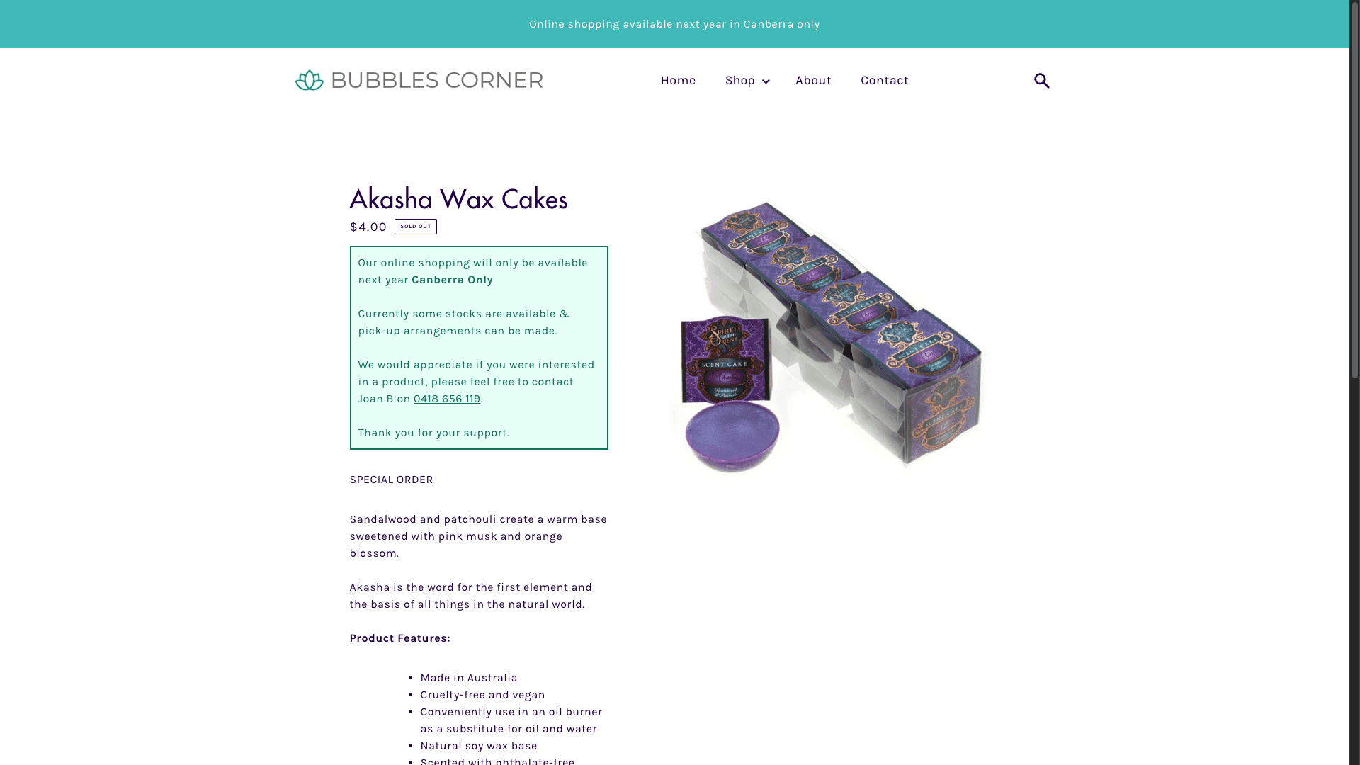Purple Akasha wax cakes stacked in a box with product details and shipping notice on a webpage.
