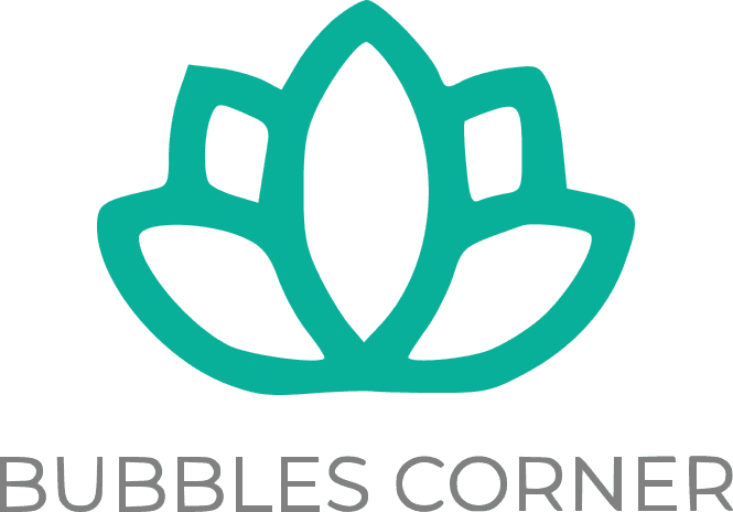 Logo featuring a stylized teal lotus flower above the text "Bubbles Corner."