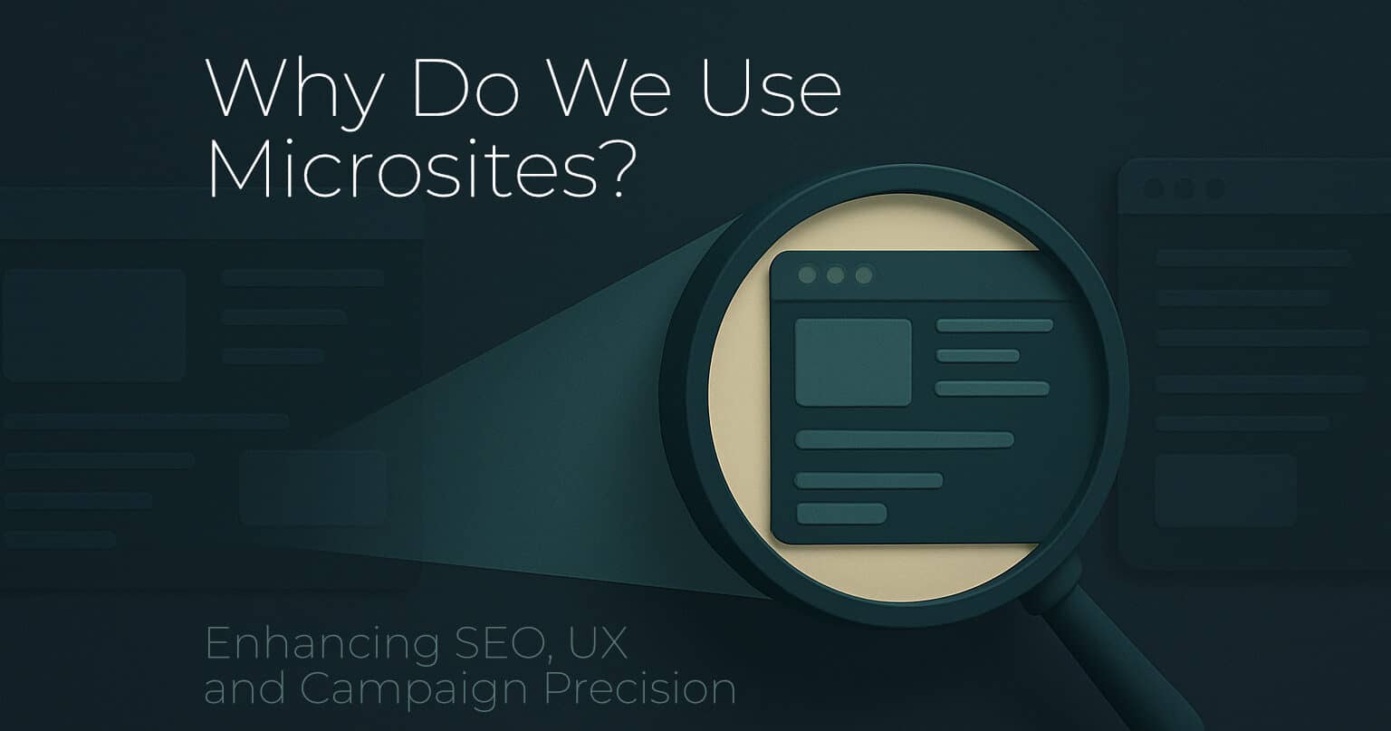 Illustration of a microsite with title 'Why Microsites Matter' and subtitle 'Boosting SEO, UX, and Campaign Focus' on dark...