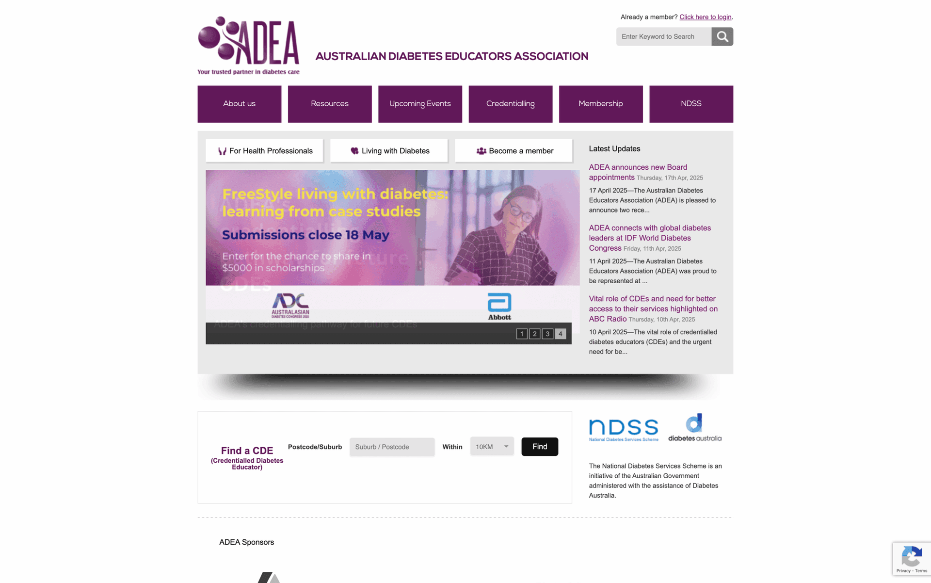 Website homepage of the Australian Diabetes Educators Association with navigation and news updates.