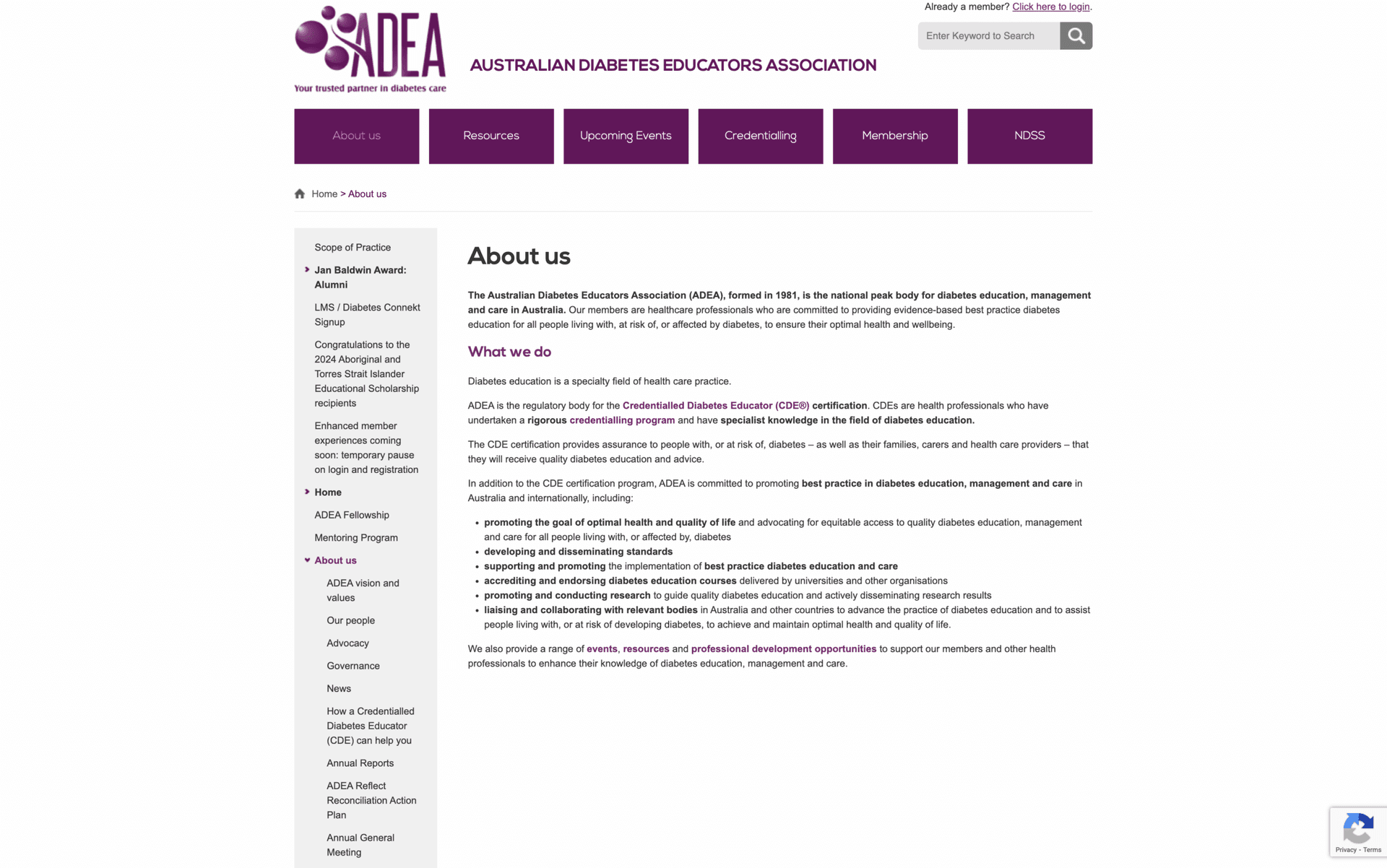 Website screenshot of the Australian Diabetes Educators Association "About us" page detailing their mission and programs.
