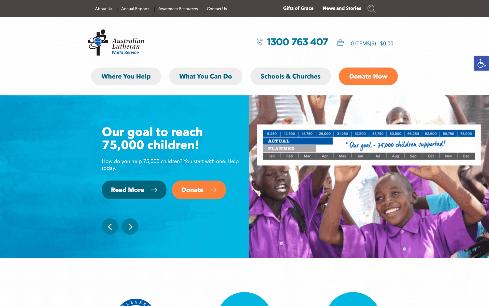 Screenshot of Australian Lutheran World Service website promoting a goal to help 75,000 children.