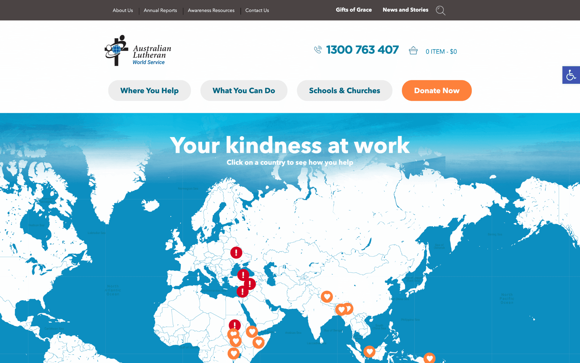World map on Australian Lutheran World Service website showing help locations with red and orange icons.