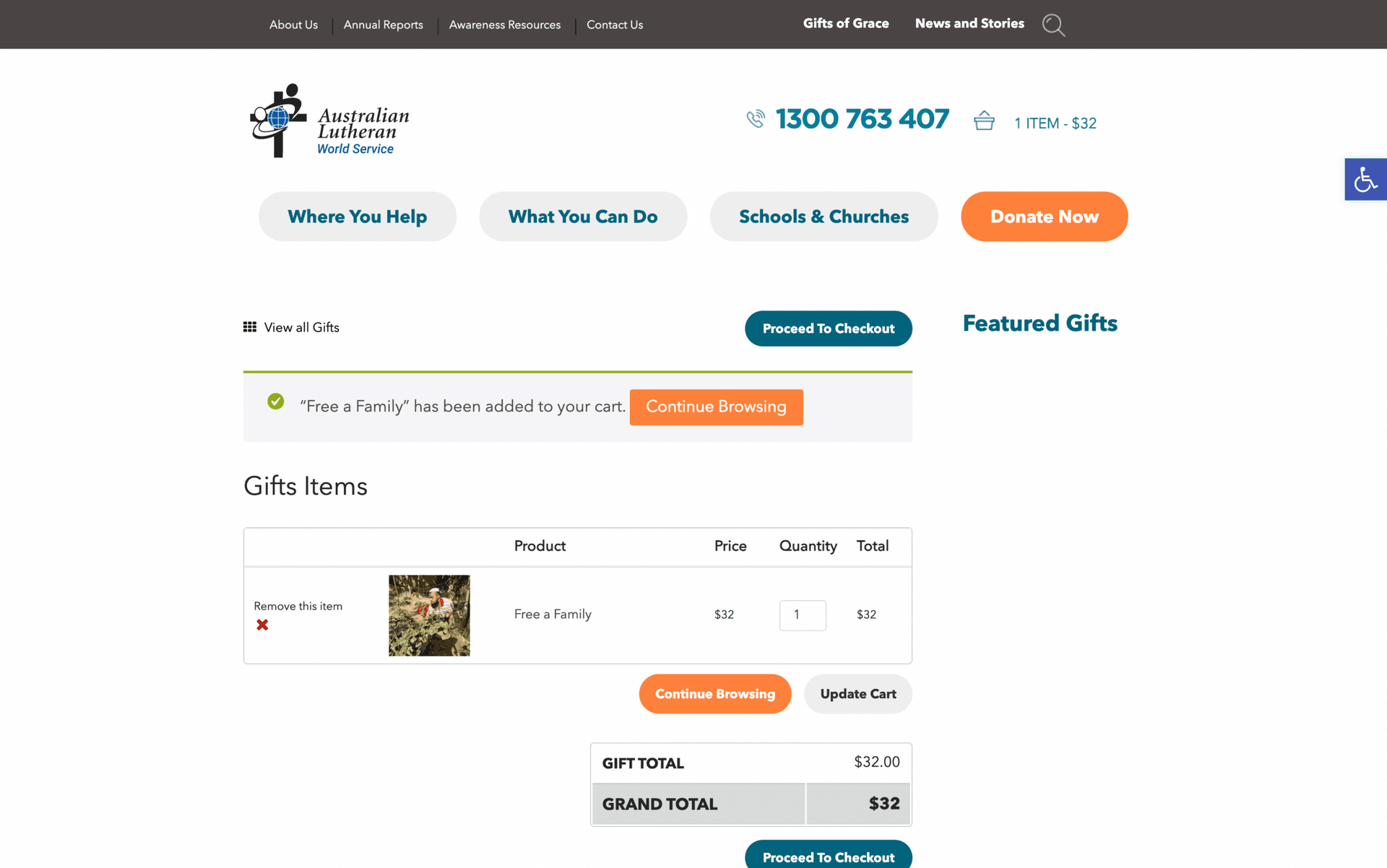 Online shopping cart page for Australian Lutheran World Service with one item "Free a Family" priced $32.