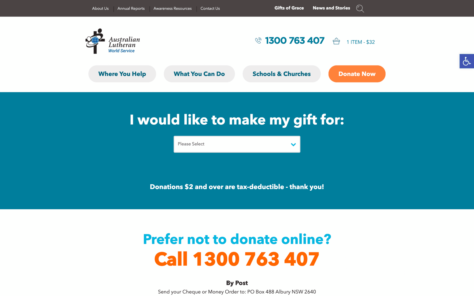 Donation page of Australian Lutheran World Service with options and contact details.