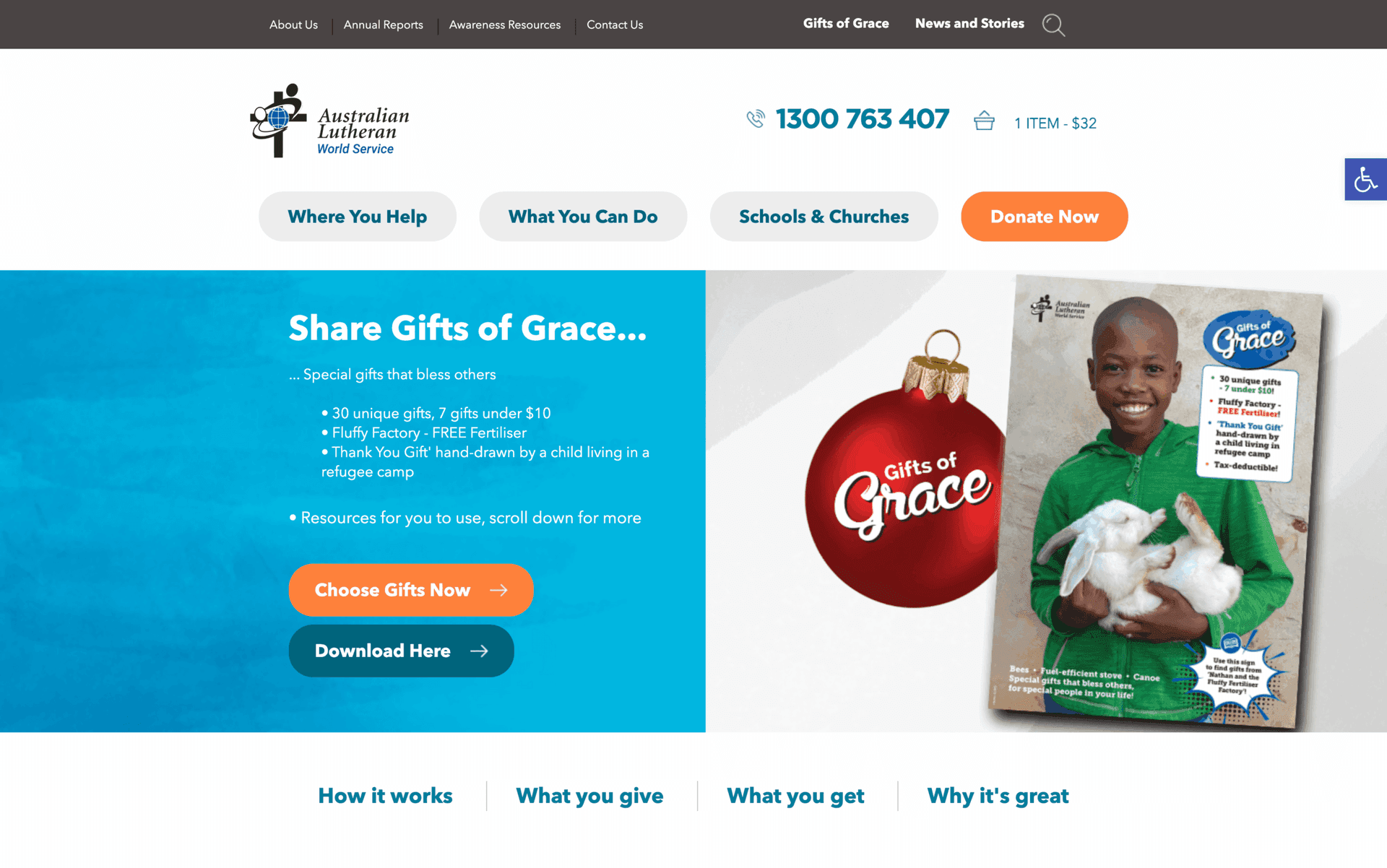 Website page offering "Gifts of Grace" charitable gifts including special gifts under $10 and free fertilizer.