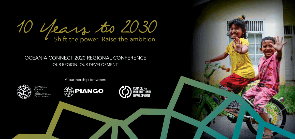 Two children smiling and waving while riding a bicycle, next to text about the Oceania Connect 2020 Regional Conference.