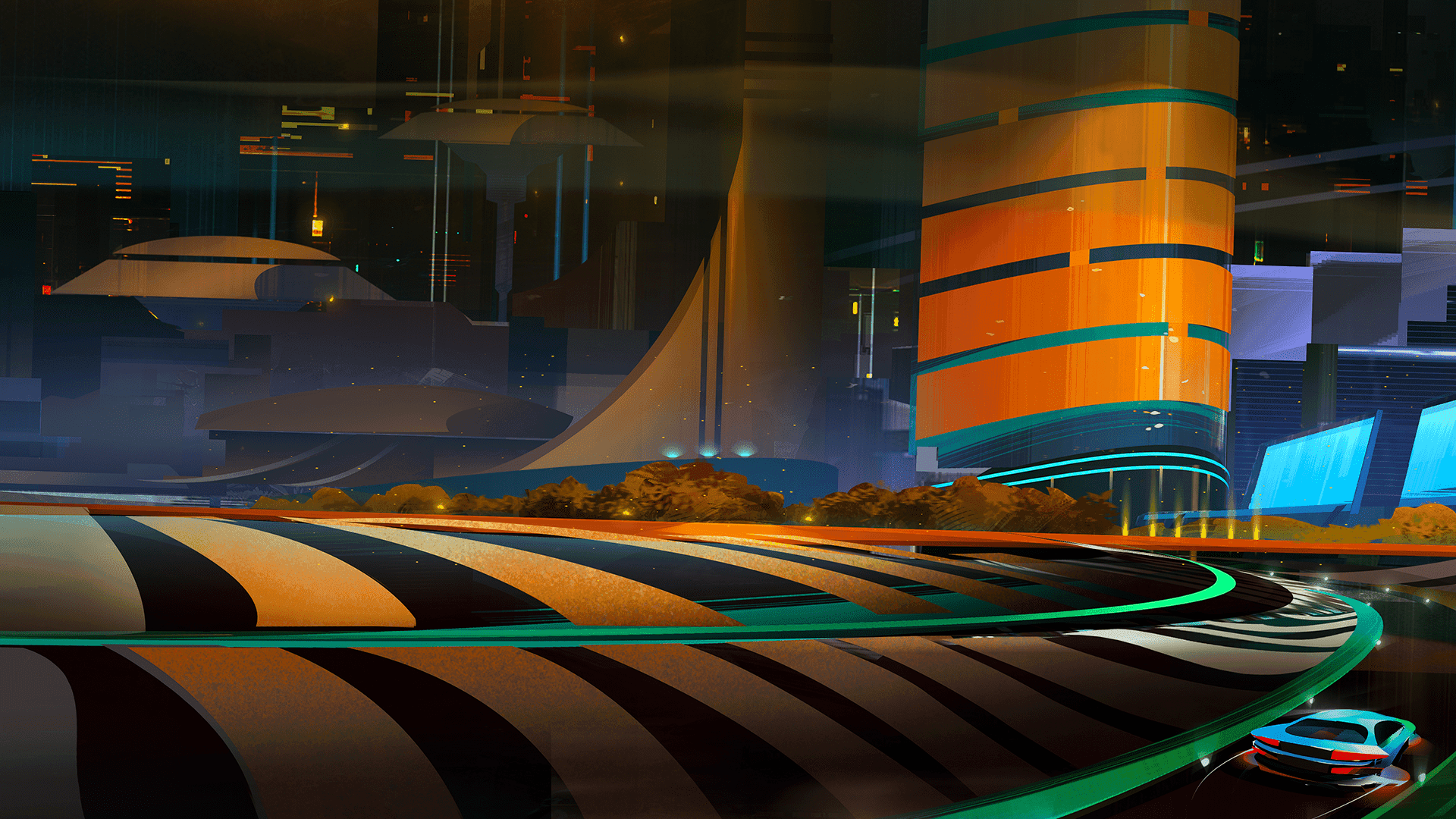 Futuristic cityscape at night with curved neon-lit roads, a sleek blue car, and tall, brightly lit buildings.