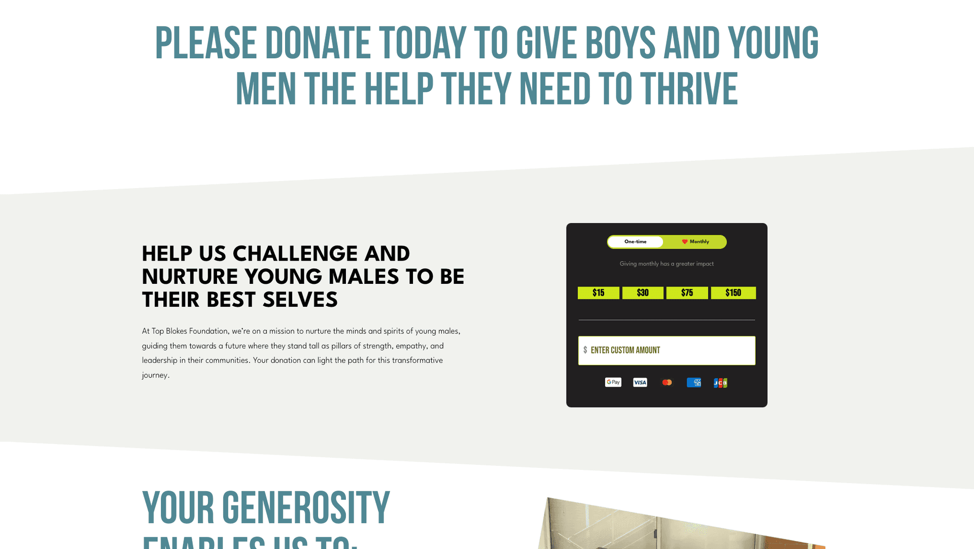 Donation request page for nurturing and helping boys and young men with monthly giving options.