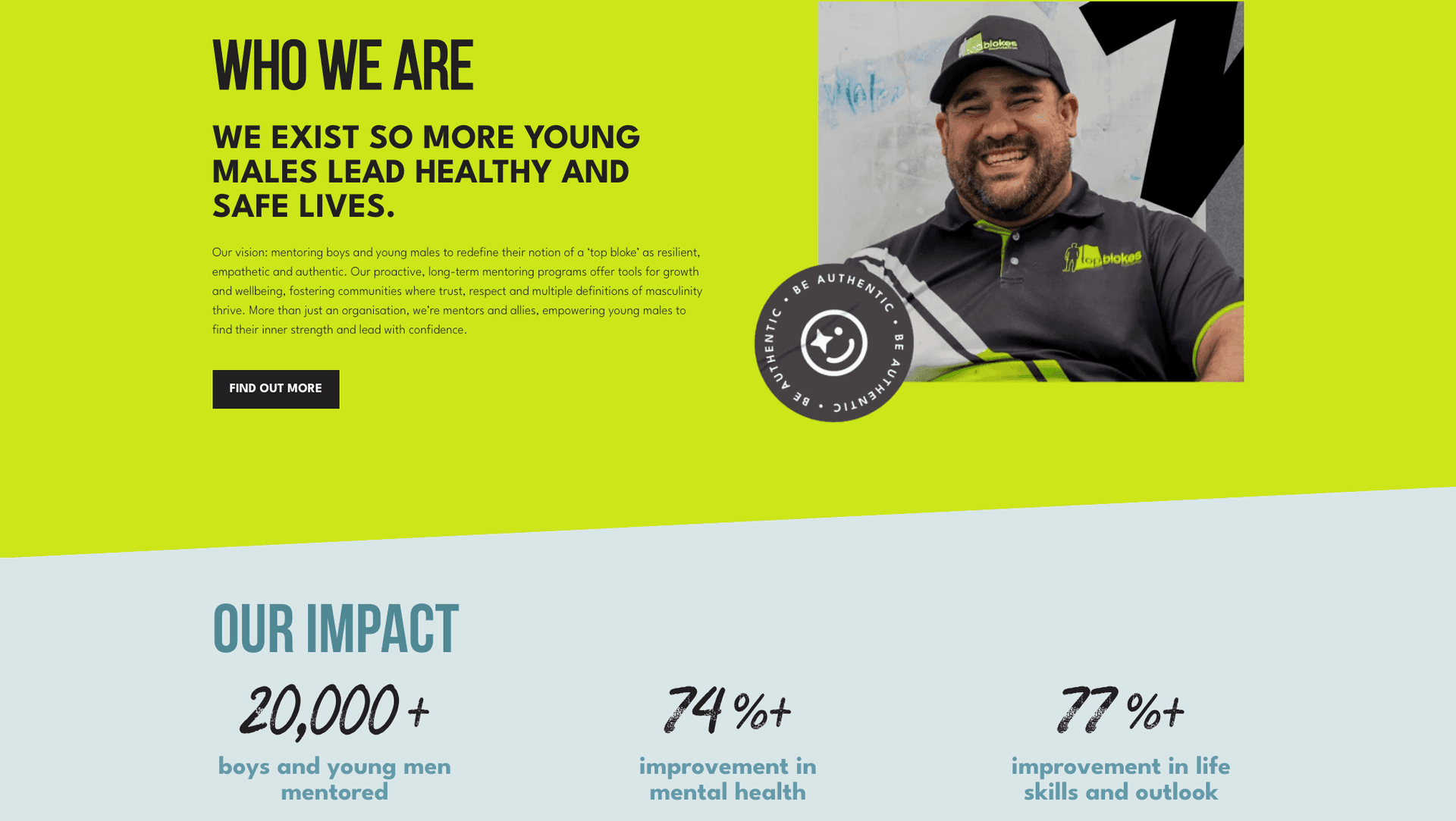 Smiling man in black cap and shirt, text about mentoring young males for healthy, safe lives.