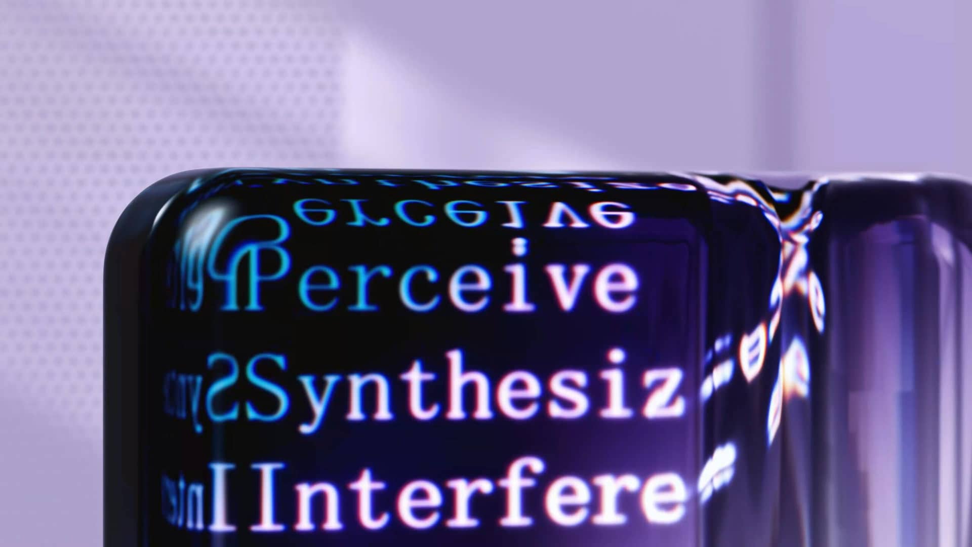 Transparent glass block with blue and white text "Perceive," "Synthesize," "Interfere" symbolizing AI in web development.